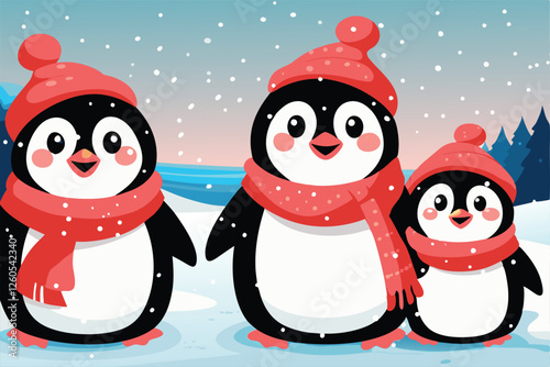 Two adorable penguins, wearing colorful scarves and winter hats, stand proudly on a snowy landscape.  A charming winter scene.