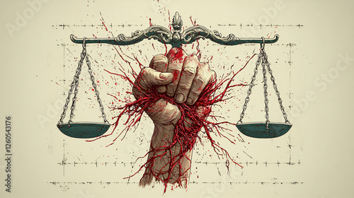 Conceptual artwork of justice symbol with blood and scales, evoking emotion