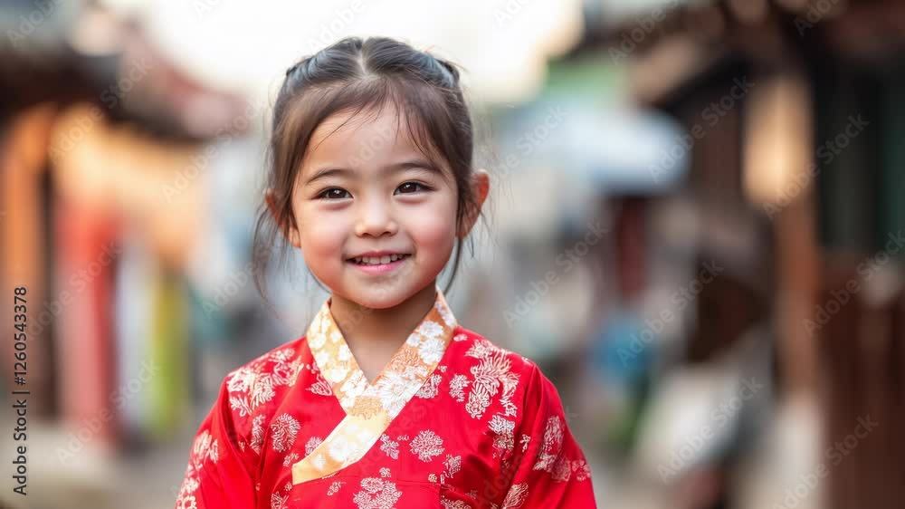 Smiling young girl wearing traditional Korean hanbok in vibrant red, standing outdoors in a historical Korean village with blurred architecture background Smiling young girl wearing traditional Korean hanbok in vibrant red, standing outdoors in a historical Korean village with blurred architecture background