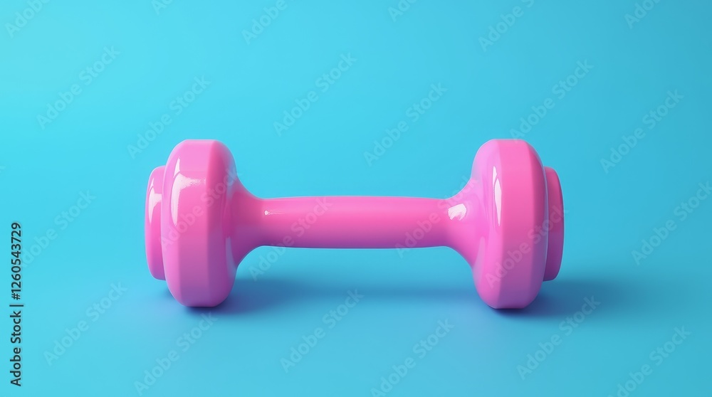 Pink glossy dumbbell on blue background, fitness accessory for home workouts, strength training and active lifestyle, minimal design Pink glossy dumbbell on blue background, fitness accessory for home workouts, strength training and active lifestyle, minimal design
