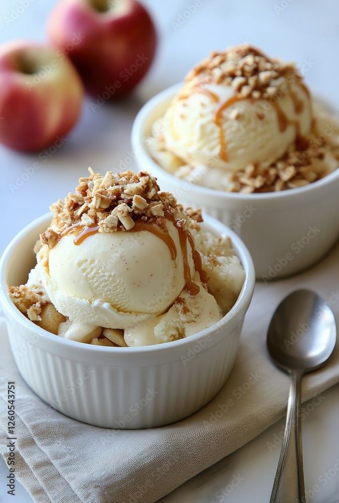 Creamy Vanilla Ice Cream Topped with Crunchy Nuts and Drizzled with Caramel Sauce Served in White Bowls Surrounded by Fresh Apples Creamy Vanilla Ice Cream Topped with Crunchy Nuts and Drizzled with Caramel Sauce Served in White Bowls Surrounded by Fresh Apples