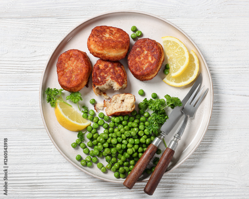 Danish atlantic cod fish cakes with green peas