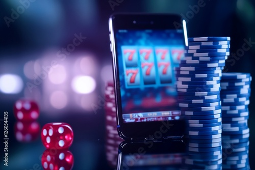 Mobile casino game, chips, dice, bokeh background; online gambling