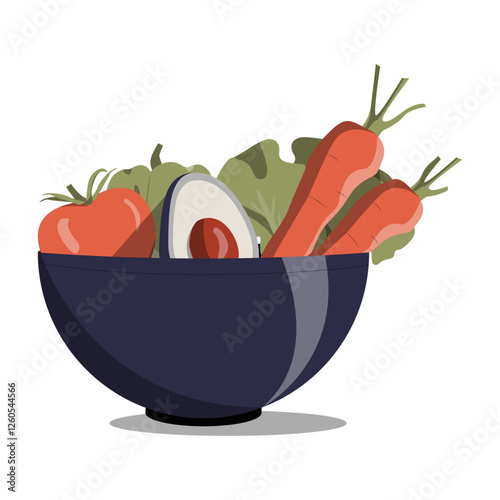 Bowl With Fresh Vegetables In Flat Vector Illustration Symbolizing Healthy Eating, Organic Food, And Nutrition, Isolated On White Background