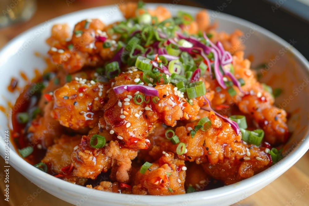 Crispy fried chicken with sesame and scallions on plate. AI generated Crispy fried chicken with sesame and scallions on plate. AI generated