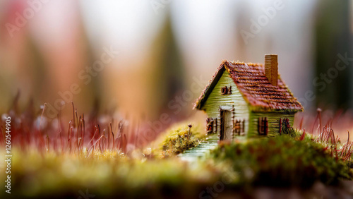 house, fairy tale,  green brown color, with a place on the side for the logo and inscription, blurred background