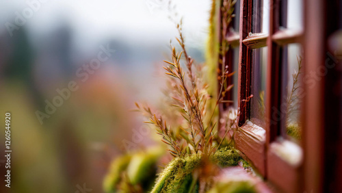 window, fairy tale,  green brown color, with a place on the side for the logo and inscription, blurred background