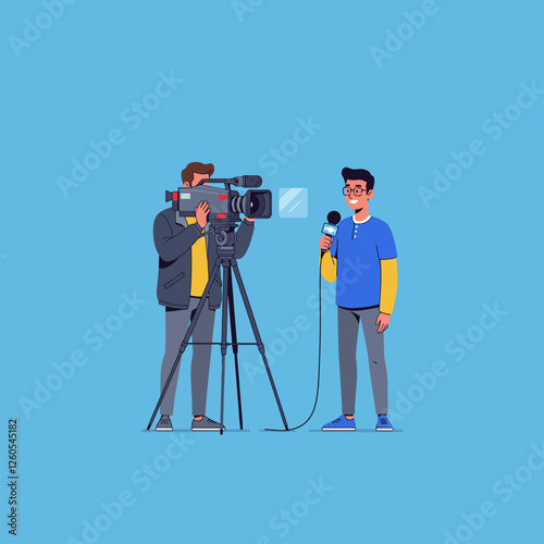 News Crew Filming Interview with Microphone and Camera on Tripod