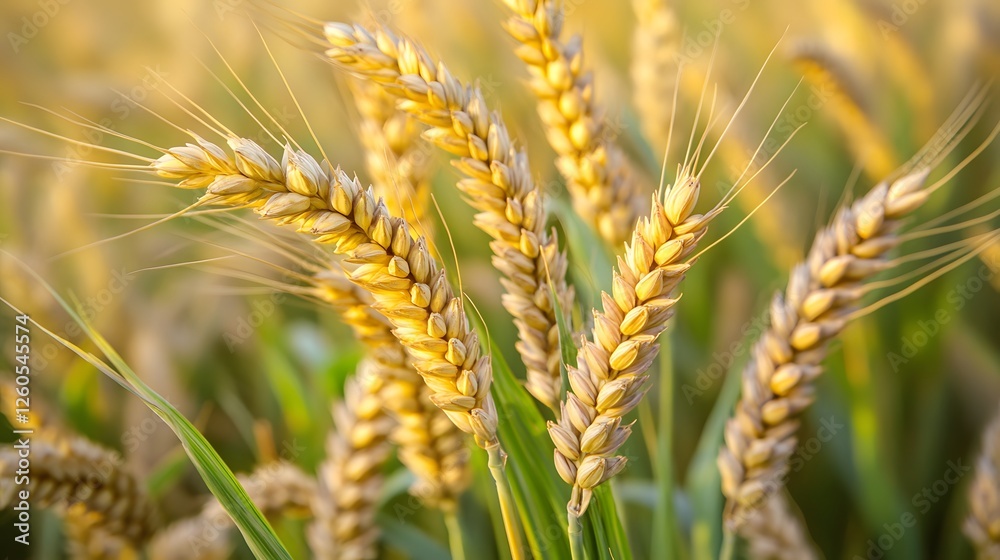 Golden wheat field captured in macro detail shows ripe ears swaying in wind with green stems, bathed in warm sunlight, creating dramatic diagonal composition in agricultural landscape. Golden wheat field captured in macro detail shows ripe ears swaying in wind with green stems, bathed in warm sunlight, creating dramatic diagonal composition in agricultural landscape.