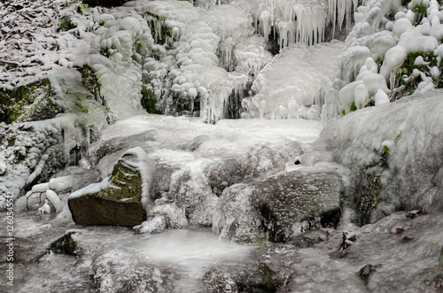 serene winter scene with a small frozen waterfall cascading over rocks covered in snow and moss, surrounded by a bare winter forest. The close-up view highlights the intricate details of the ice forma