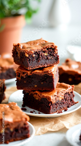 three stacked chocolate brownies with a shiny glaze