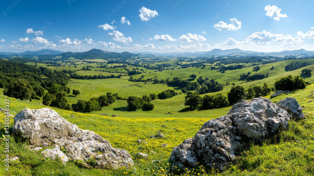 Panoramic view of lush green hills under a bright blue sky in summer Panoramic view of lush green hills under a bright blue sky in summer