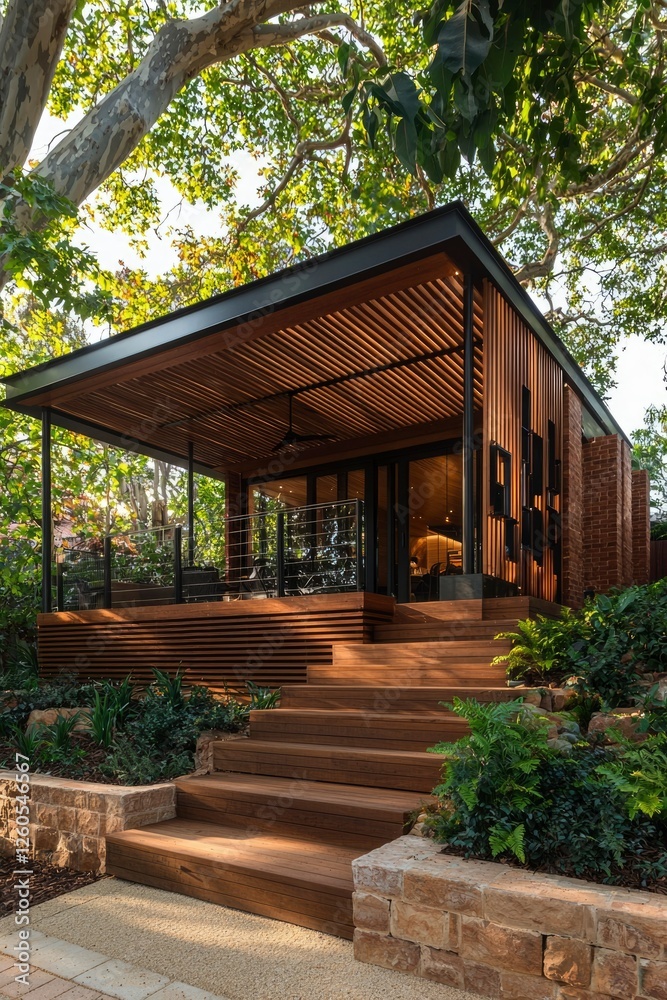 Modern garden house with terrace, steps, under trees. Architecture, real estate Modern garden house with terrace, steps, under trees. Architecture, real estate