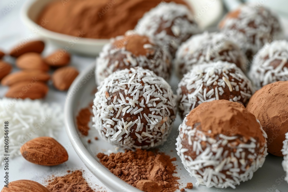 Chocolate coconut almond truffles in culinary art display. AI generated Chocolate coconut almond truffles in culinary art display. AI generated