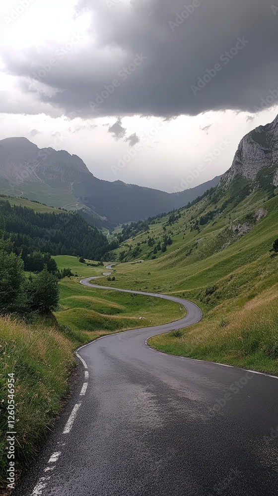 Fototapeta premium Serene Mountain Road Under Cloudy Sky - A Breathtaking Landscape