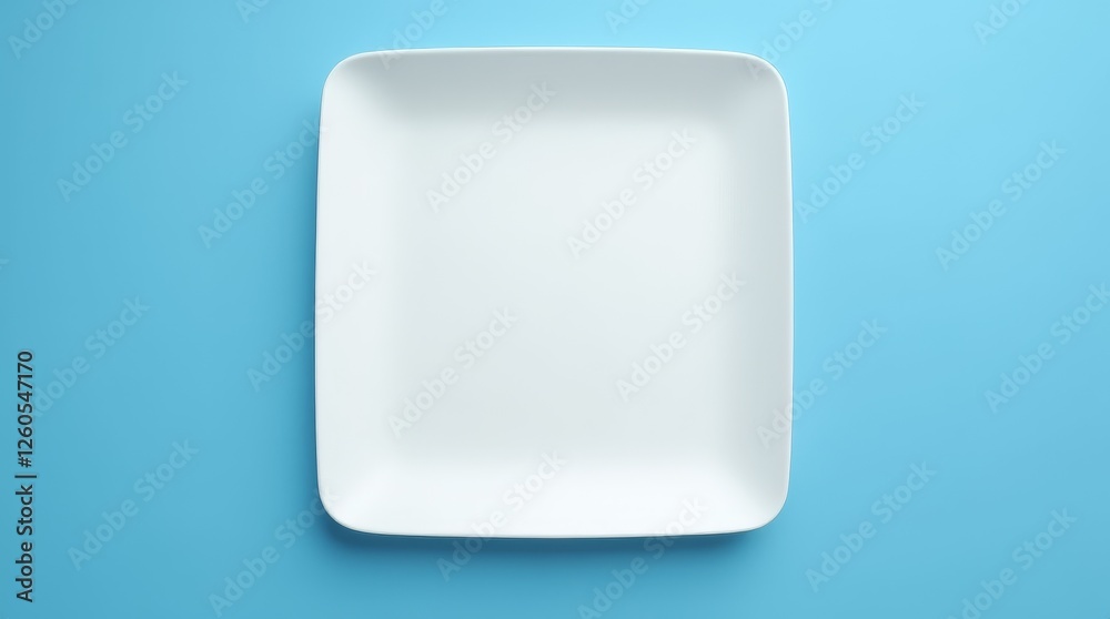 Empty white square plate on blue background. Minimalist tableware, dining, kitchen, food presentation, and restaurant concept Empty white square plate on blue background. Minimalist tableware, dining, kitchen, food presentation, and restaurant concept