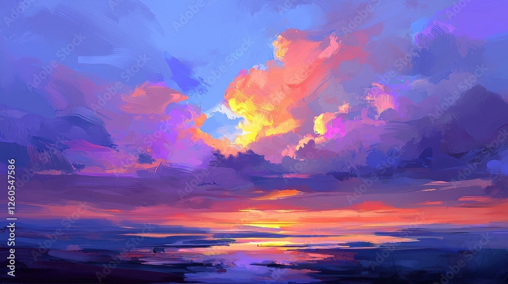 Fototapeta premium Stunning sunset over ocean coastal landscape digital art serene environment wide angle view tranquility concept