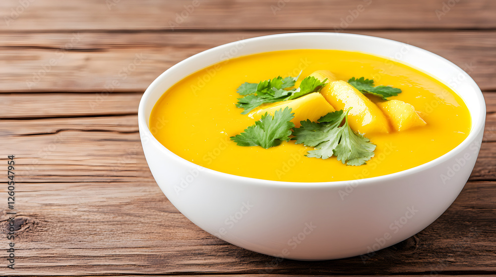 A beautifully plated mango chicken curry in a white bowl, garnished with fresh herbs and spices.
A beautifully plated mango chicken curry in a white bowl, garnished with fresh herbs and spices.