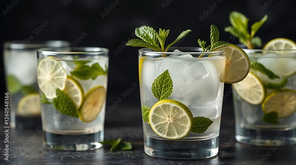 Fototapeta premium Close-up view of mojito cocktail in glasses, mint and limes on black, cocktail drinks concept