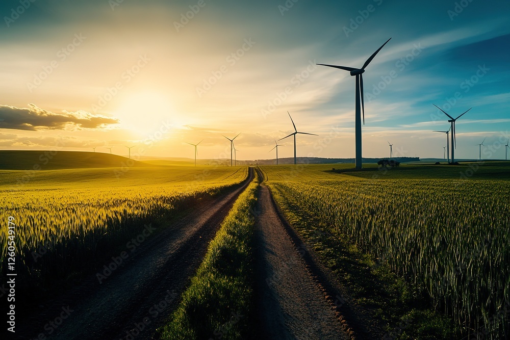 Obraz premium Aerial View of Field Road with Wind Turbines Backlit by Sunset in North Rhine Westphalia