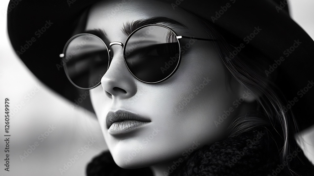 Monochromatic Elegance: A Black and White Portrait of a Woman in a Hat and Sunglasses Monochromatic Elegance: A Black and White Portrait of a Woman in a Hat and Sunglasses