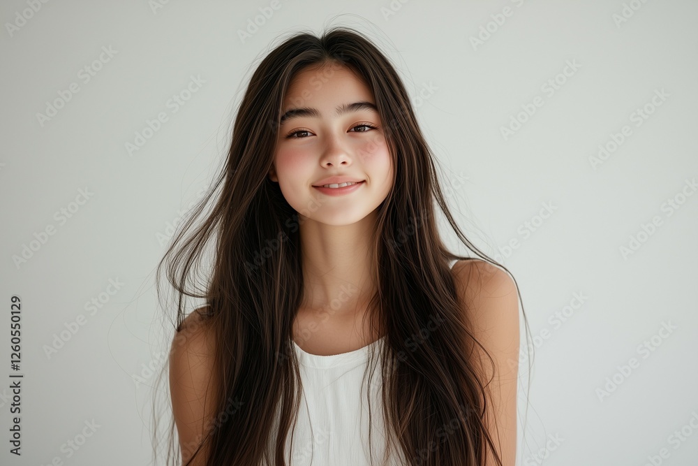 Photograph, a portrait of a long haired young beautiful woman,smiling at the camera Photograph, a portrait of a long haired young beautiful woman,smiling at the camera