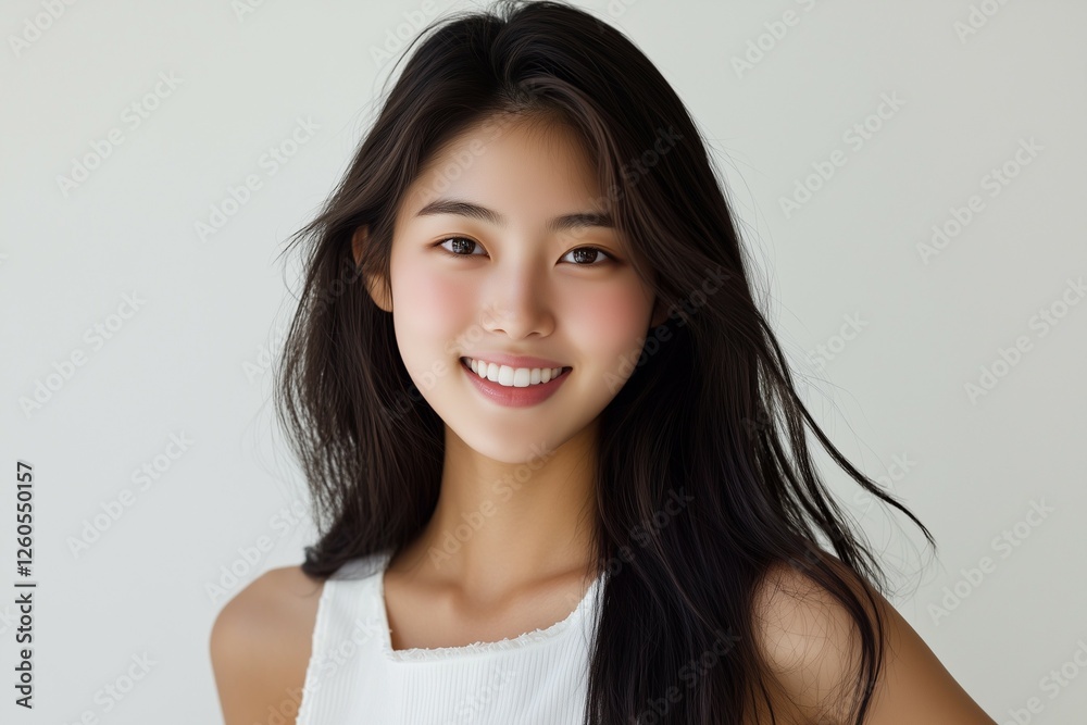 Photograph, a portrait of a long haired young beautiful woman,smiling at the camera Photograph, a portrait of a long haired young beautiful woman,smiling at the camera