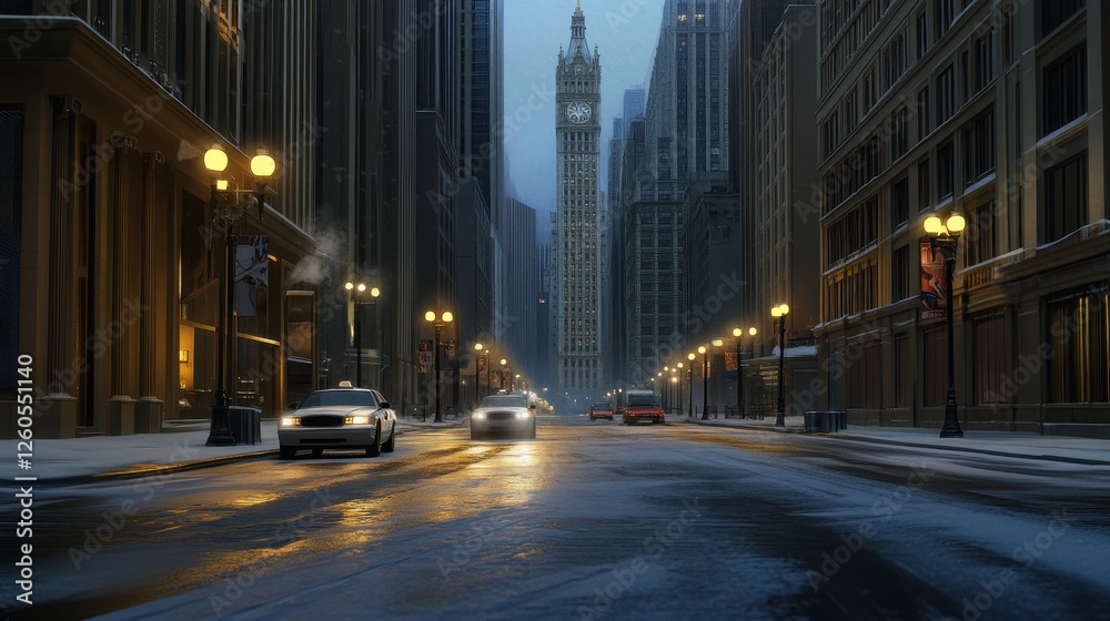 Naklejka premium Snowy City Street at Night with Tall Building