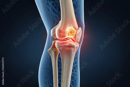 Detailed Rendering of Human Knee Joint Anatomy with Highlighted Elements for Medical Use
