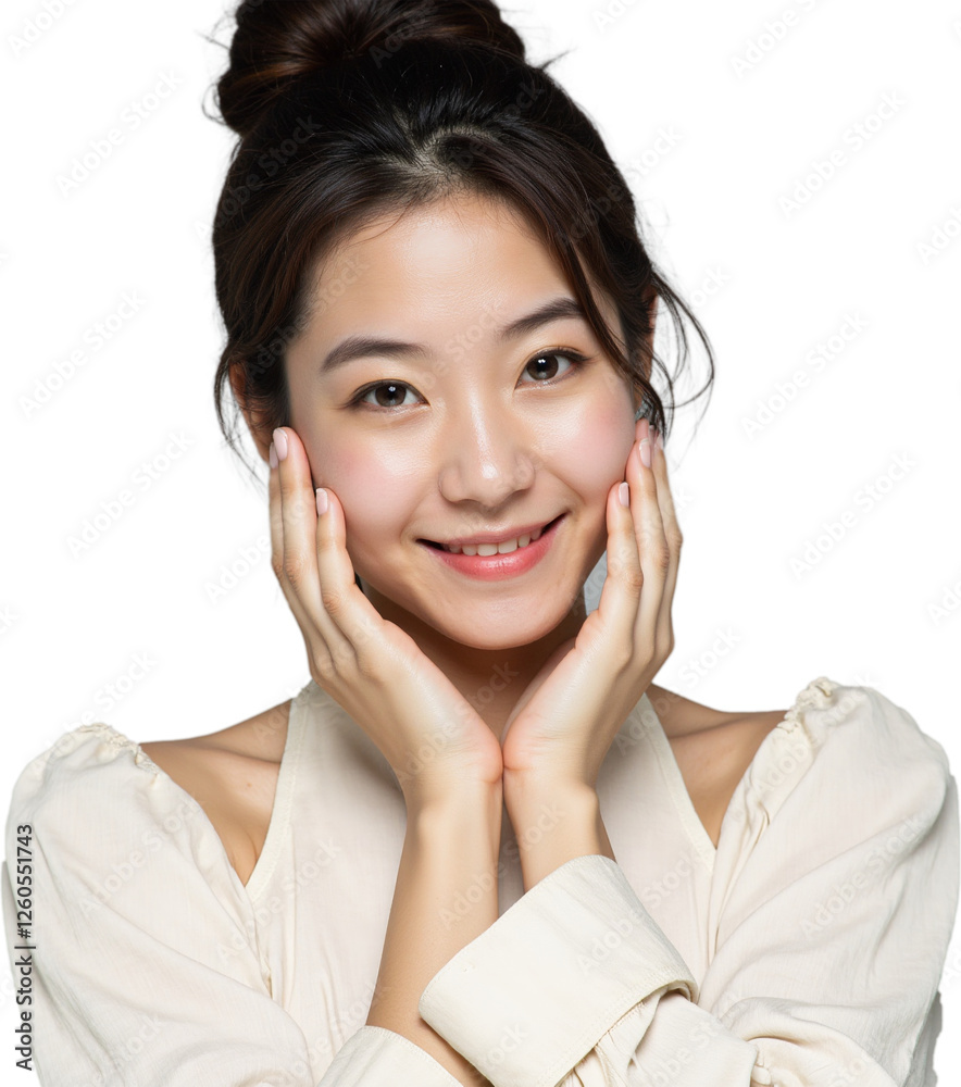 Woman touches her cheeks with a happy, serene expression Woman touches her cheeks with a happy, serene expression