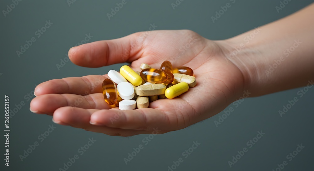 Holding Various Pills and Supplements in Hand for Health and Wellness Holding Various Pills and Supplements in Hand for Health and Wellness