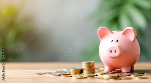 pink piggy bank with stacks of coins photo