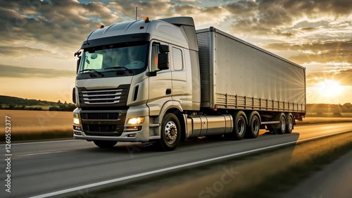 Wallpaper Mural Truck driving on a highway at sunset with golden skies and open fields Torontodigital.ca