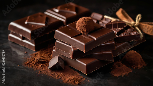 a bar of dark chocolate, with some loose pieces of chocolate and cocoa powder nearby