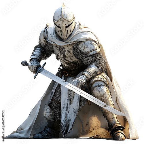 Armor-clad warrior kneels, sword in hand on transparent background photo