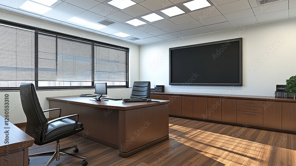 Modern Office Workspace with Wooden Furniture, Large Screen, and Natural Light Modern Office Workspace with Wooden Furniture, Large Screen, and Natural Light