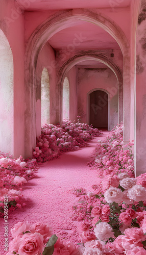 Pink rose flower room, pink carpet on the ground covered with roses and peonies, pink walls, arched doorways, pink flowers everywhere, pink floor, a dreamy scene, a fantasy scene photo