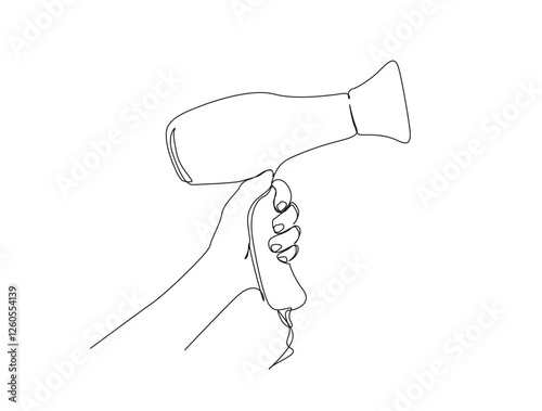 Continuous one line drawing of hand holds hair dryer - Barbershop equipment. Electric hair dryer  in single line draw illustration. Editable stroke.