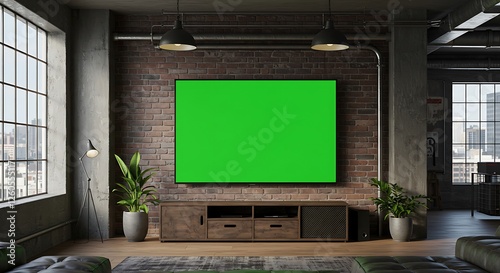 Living Room Interior with Green Screen Television and Modern Design