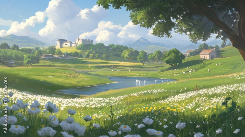 Fototapeta premium Idyllic Village nestled beside a tranquil lake and blooming meadows