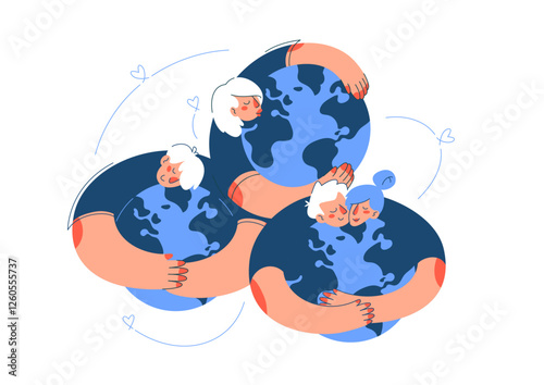 ПечатьAbstract illustration of people hugging the Earth. Concept of environmental awareness, care for the planet, love for nature, and sustainability. Flat minimalist style with a blue and orange colo