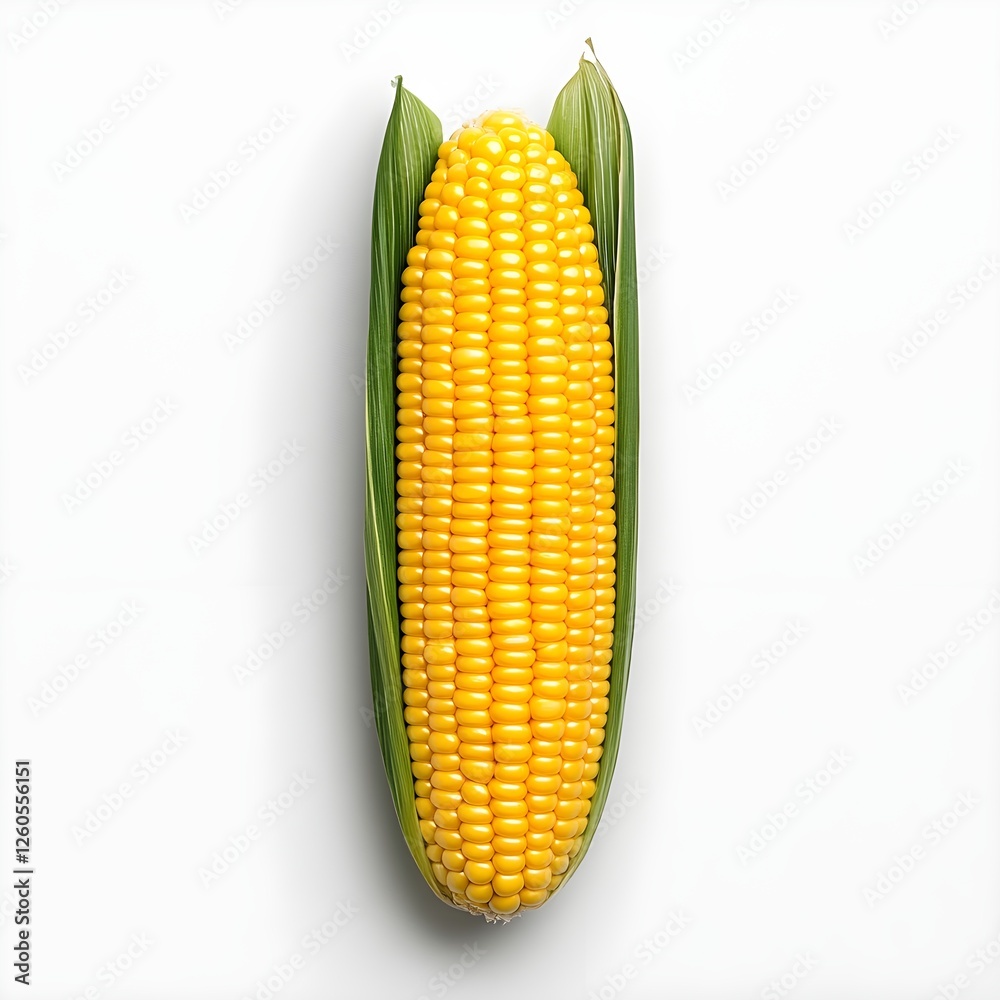 Obraz premium Fresh corn on the cob with vibrant yellow kernels, partially husked, set against a clean white background.
