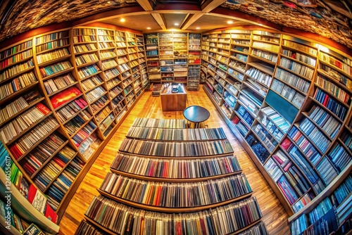 Panoramic View of Extensive Vinyl Record and CD Music Collection photo