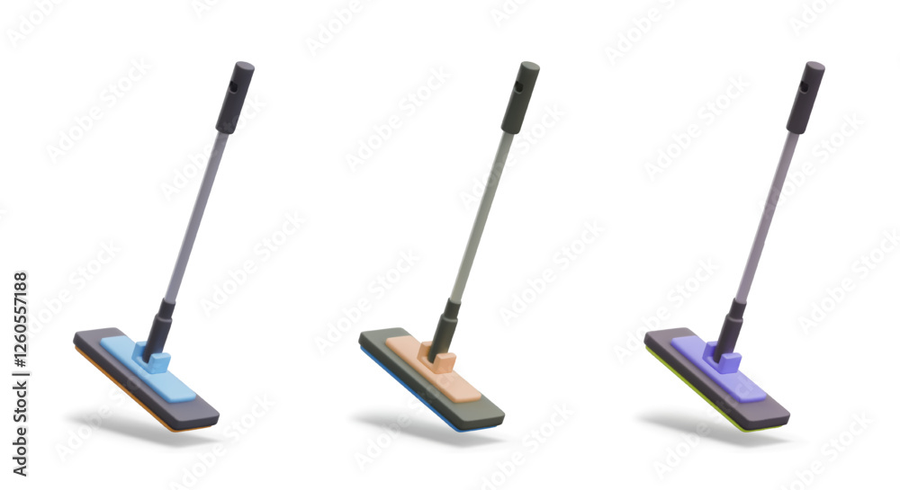 Realistic mop with long handle. Set of vector models of different colors in floating position. Isolated templates for wet cleaning, floor cleaning concepts Realistic mop with long handle. Set of vector models of different colors in floating position. Isolated templates for wet cleaning, floor cleaning concepts