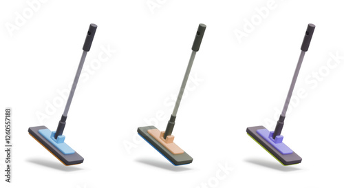 Realistic mop with long handle. Set of vector models of different colors in floating position. Isolated templates for wet cleaning, floor cleaning concepts