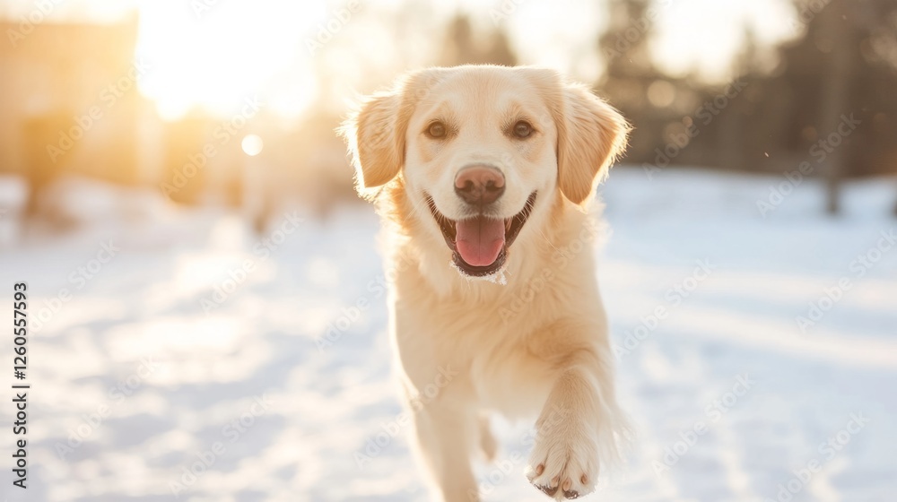 Happy golden retriever running on snowy ground with a blurred winter forest in the background, illuminated by warm sunlight. Joyful pet moment Happy golden retriever running on snowy ground with a blurred winter forest in the background, illuminated by warm sunlight. Joyful pet moment