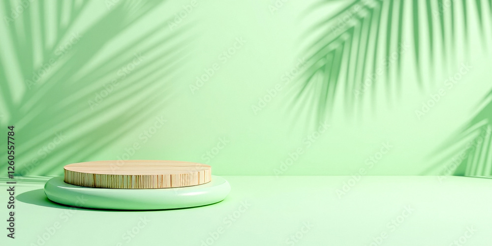 Fototapeta premium round wooden display platform with light green base and palm leaf shadows