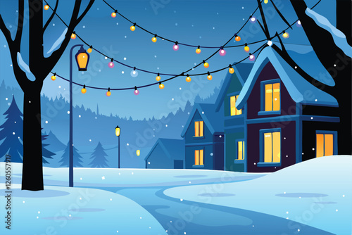 Vibrant Christmas lights illuminate a charming street in [Location (1)], creating a festive atmosphere.  Showcase the warm glow and cheerful decorations.