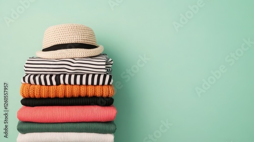 A stack of colorful folded clothing with a stylish hat on top against a mint green background, showcasing modern fashion trends. photo