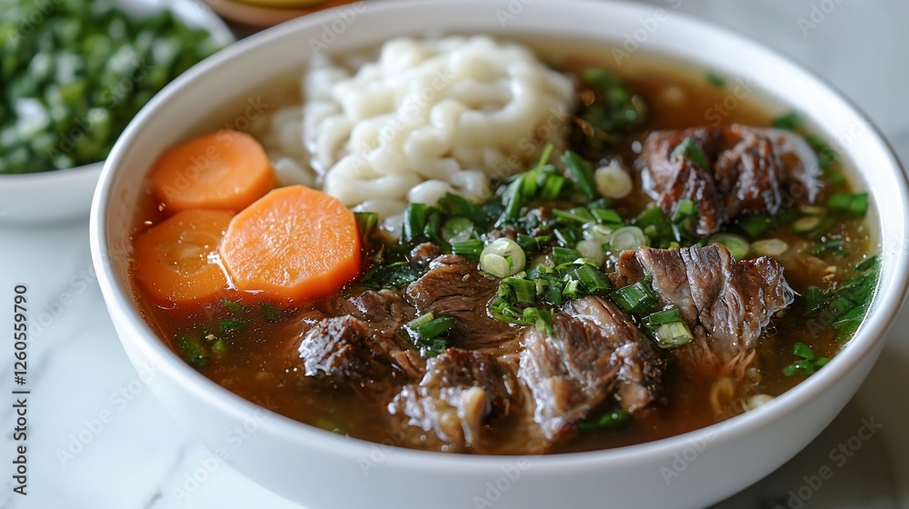 Beef noodle soup, carrots, spring onions, restaurant, marble table Beef noodle soup, carrots, spring onions, restaurant, marble table